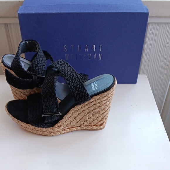 Stuart Weitzman Alex Nero Crochet Black  Woven Wedges Sandals 9.5 M - Picture 2 of 16